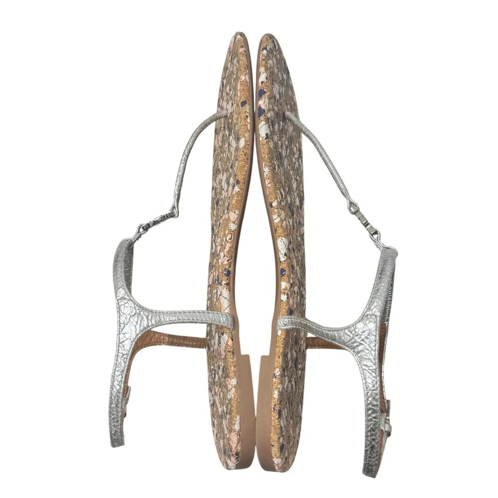 Tory Burch Marion Silver Metallic T-Strap Cork Logo Sandals Shoes‎ Womens 10M